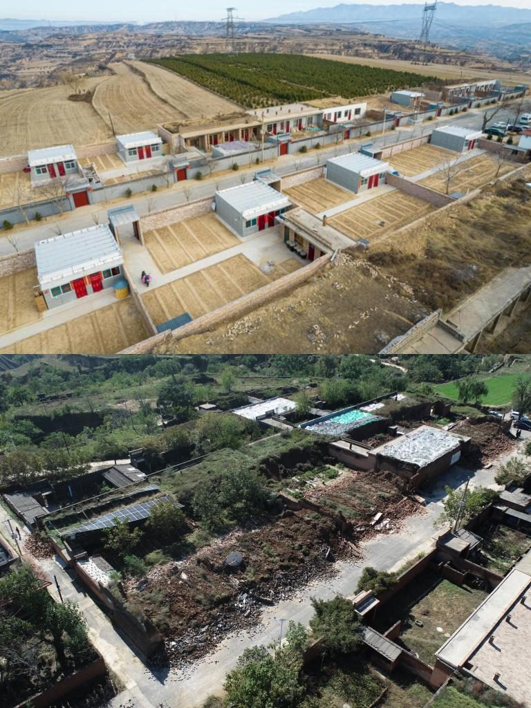 拼版照片，上圖是2022年1月山西省霍州市師莊鄉(xiāng)馮南垣村災(zāi)后恢復(fù)重建后的場(chǎng)景，下圖是2021年10月村莊因?yàn)?zāi)受損的場(chǎng)景。(霍州市委宣傳部供圖)