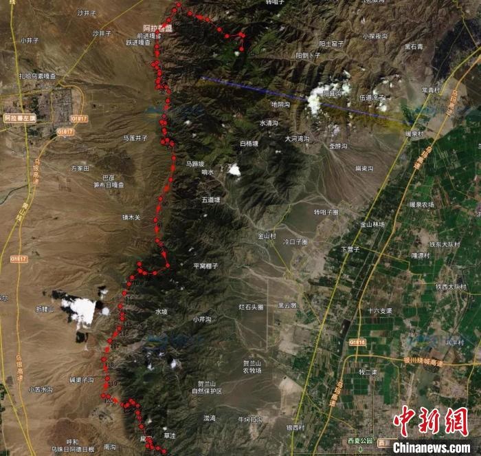圖為雪豹在春節(jié)前后的活動(dòng)軌跡?！?nèi)蒙古賀蘭山國(guó)家級(jí)自然保護(hù)區(qū)供圖