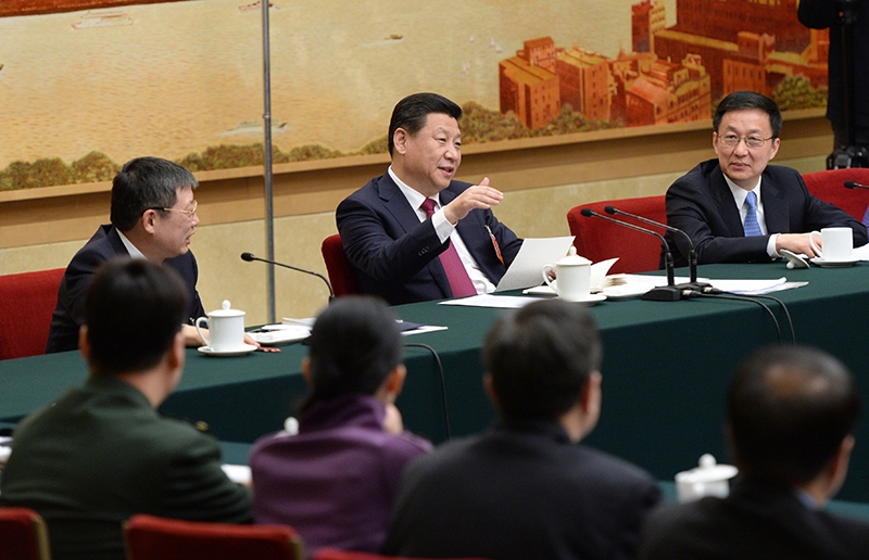 2014年3月習(xí)近平總書記參加十二屆全國(guó)人大二次會(huì)議上海代表團(tuán)的審議。
