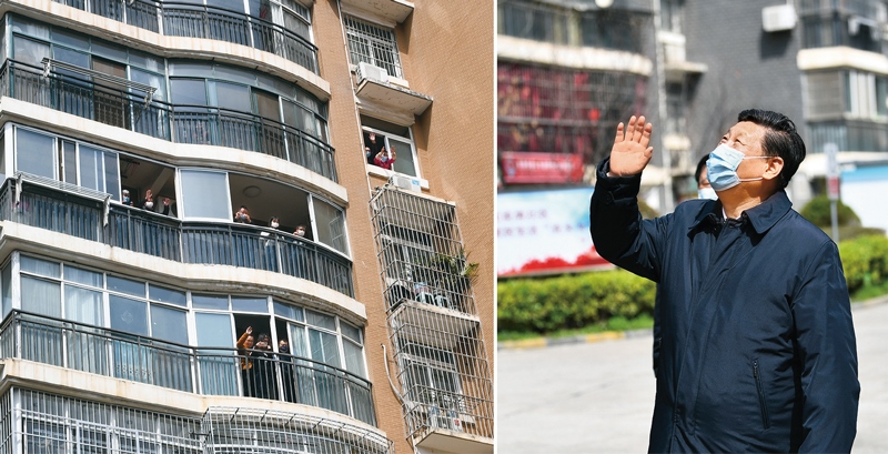 2020年3月10日，習(xí)近平專門赴湖北省武漢市考察新冠肺炎疫情防控工作。這是習(xí)近平在東湖新城社區(qū)考察時，向在家隔離居住的居民揮手致意、表示慰問（拼版照片）