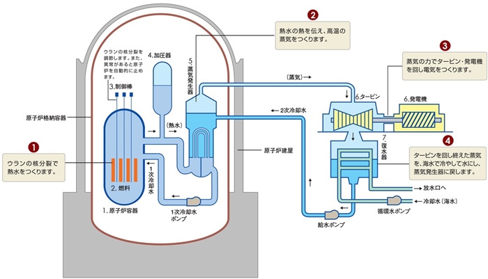 核電站運作原理圖。通常的核電站排水未直接接觸核燃料。（圖片來源：日本北海道電力株式會社網(wǎng)站）
