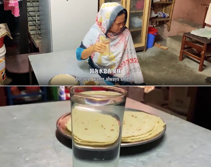 圖為紀(jì)實(shí)短片截圖：上圖為水質(zhì)未改善前，飲用水發(fā)黃渾濁；下圖為水廠建成后，飲用水水質(zhì)明顯改善，清澈透明。