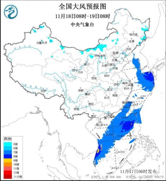 全國(guó)大風(fēng)預(yù)報(bào)圖(11月18日08時(shí)-19日08時(shí))