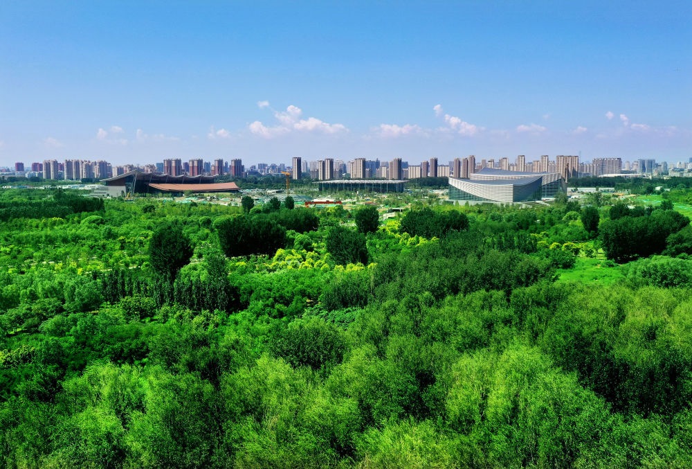 北京東方化工廠舊址建成的綠心公園草木蔥蘢。（馬文曉 攝）