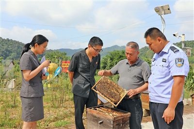  圖②：蒙山法院黃村法庭法官深入蜂蜜合作社，實(shí)地了解蜂農(nóng)需求。