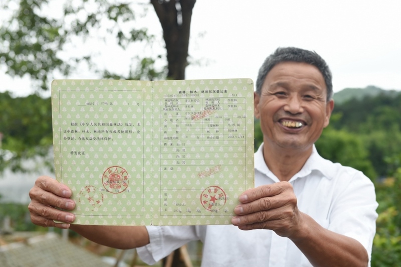 福建武平縣萬(wàn)安鎮(zhèn)捷文村村民李桂林展示林權(quán)改革后領(lǐng)到的全國(guó)第一本新式林權(quán)證。