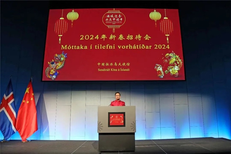 中國駐冰島大使何儒龍致辭。中國駐冰島大使館供圖
