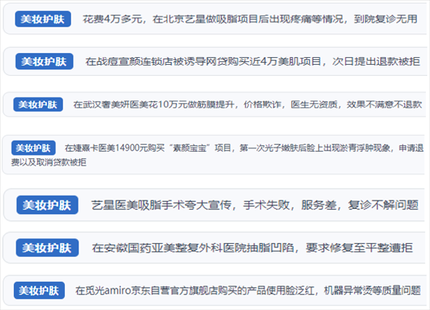 “人民投訴”用戶(hù)舉報(bào)醫(yī)美未達(dá)預(yù)期效果或?qū)е律眢w損傷退款遭拒、機(jī)構(gòu)及服務(wù)人員虛假資質(zhì)、被誘導(dǎo)高額醫(yī)美貸、網(wǎng)購(gòu)美容儀器質(zhì)量不過(guò)關(guān)等問(wèn)題。（“人民投訴”平臺(tái)截圖）