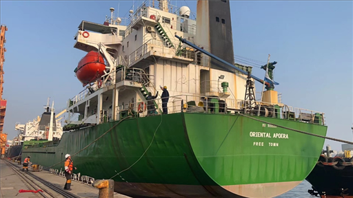 中蘇海運(yùn)直航貨輪靠泊蘇里南碼頭。中國駐蘇里南大使館供圖