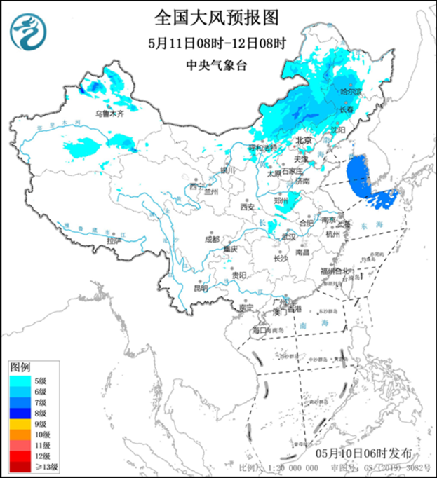 全國大風預報圖（5月11日08時-12日08時）