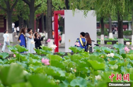 6月19日，時(shí)值一年畢業(yè)季，四川大學(xué)望江校區(qū)荷花池里的荷花盛開，成為了畢業(yè)生們的打卡圣地，吸引了眾多畢業(yè)生拍照留念。圖為畢業(yè)生在荷花池邊拍照留念。中新社記者 安源 攝
