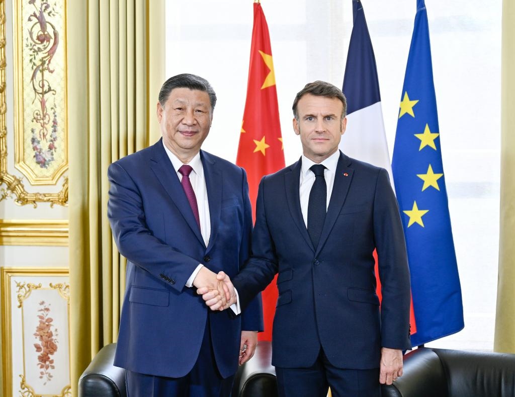 當(dāng)?shù)貢r(shí)間2024年5月6日下午，國家主席習(xí)近平在巴黎愛麗舍宮同法國總統(tǒng)馬克龍舉行會(huì)談。新華社記者 殷博古 攝