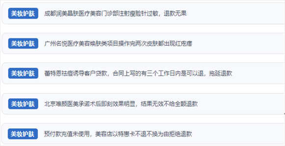 網(wǎng)友涉及醫(yī)美機(jī)構(gòu)虛假宣傳、誘導(dǎo)消費(fèi)、致傷客戶、違約不退費(fèi)等消費(fèi)侵權(quán)的相關(guān)投訴。（“人民投訴”用戶投訴截圖）