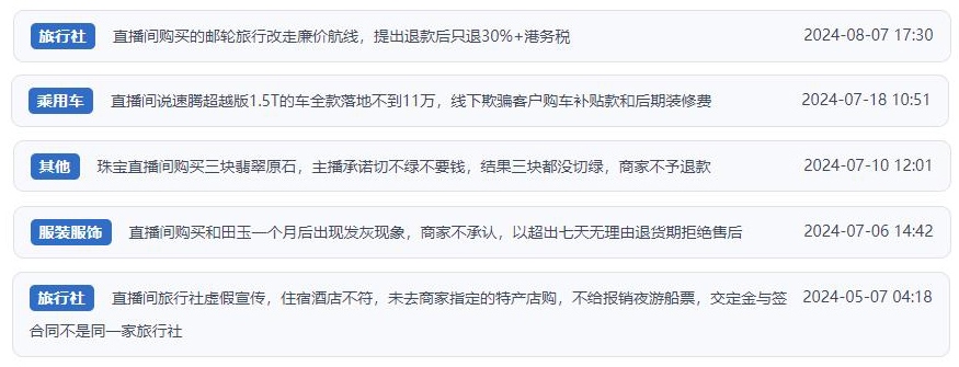 近期網(wǎng)友涉及直播購物相關(guān)投訴問題。（“人民投訴”用戶投訴截圖）