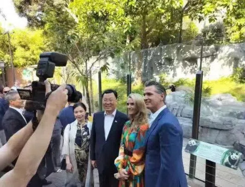 謝鋒大使及夫人與加州州長(zhǎng)紐森夫婦在圣迭戈動(dòng)物園大熊貓館前合影。圖片為中國(guó)駐美大使館提供