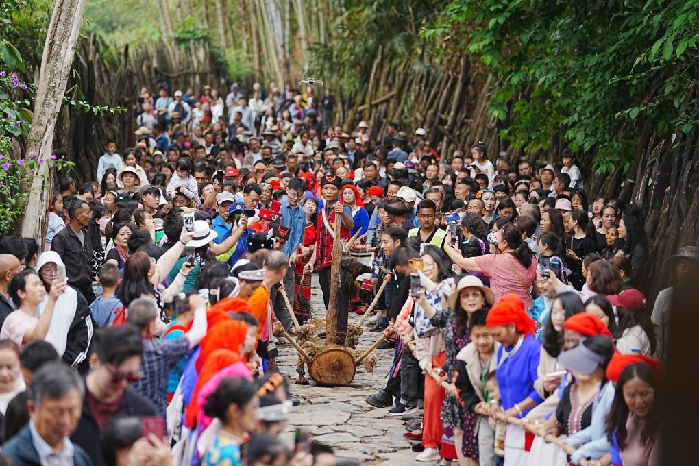 5月3日，各地游客在滄源縣翁丁村和村民一起參加佤族傳統(tǒng)民俗拉木鼓活動(dòng)。（滄源縣融媒體中心供圖）
