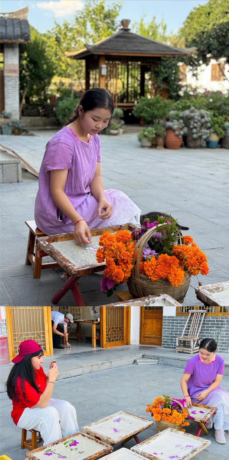沒(méi)有女生不愛(ài)花。以古法造紙技藝為基礎(chǔ)，再輔以花草枝葉勾勒各式圖案，創(chuàng)作出花茂村獨(dú)具特色的紙漿壓花畫(huà)，少女手中的花是她眼中的風(fēng)景，而她與正在制作的紙漿壓花畫(huà)也是別人眼中的風(fēng)景。（哈薩克斯坦BAQ通訊社高級(jí)記者古爾詹·拉曼庫(kù)洛娃、張亞欣攝）
