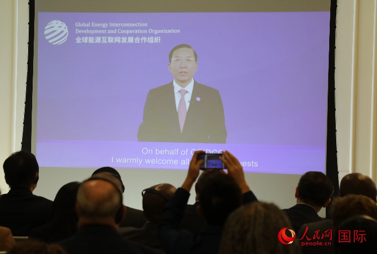 全球能源互聯(lián)網(wǎng)發(fā)展合作組織主席、中國電力企業(yè)聯(lián)合會(huì)理事長辛保安通過視頻方式致辭。人民網(wǎng)記者 李志偉攝