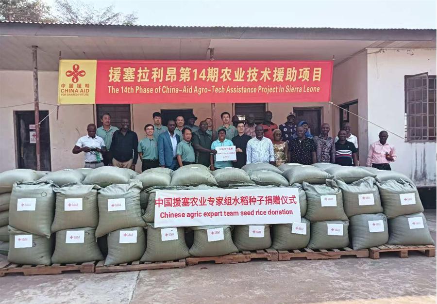 中國援塞拉利昂農(nóng)業(yè)專家組在塞南方省博城舉辦水稻種子捐贈儀式。中國援塞農(nóng)業(yè)專家組供圖