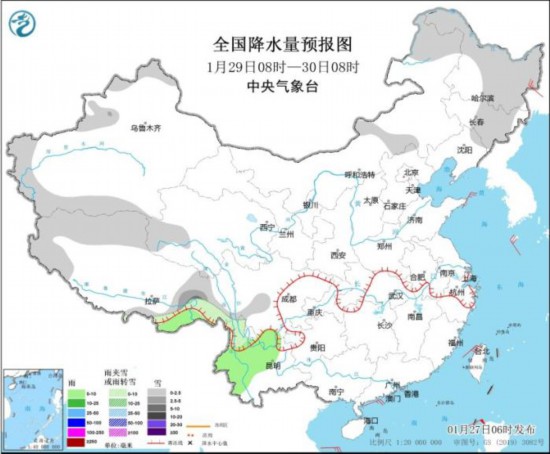 全國降水量預報圖(1月29日08時-30日08時) 圖片來源：中央氣象臺網(wǎng)站