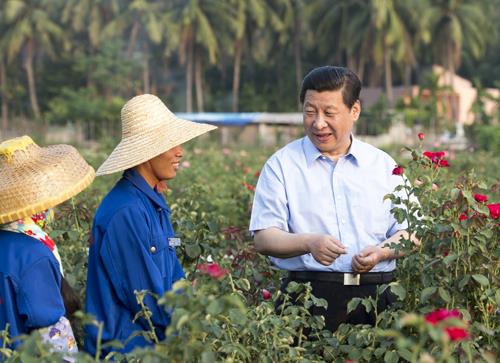 △2013年4月9日，習(xí)近平總書記在海南亞龍灣蘭德玫瑰風(fēng)情產(chǎn)業(yè)園向花農(nóng)了解玫瑰種植管理技術(shù)。